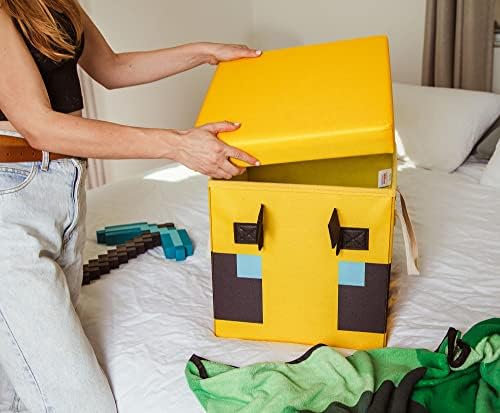 Minecraft Bee חזה אחסון בגודל 15 אינץ 'עם מכסה | מיכל סל מבד מתקפל, מארגן קובייה עם ידיות, מארגן ארונות
